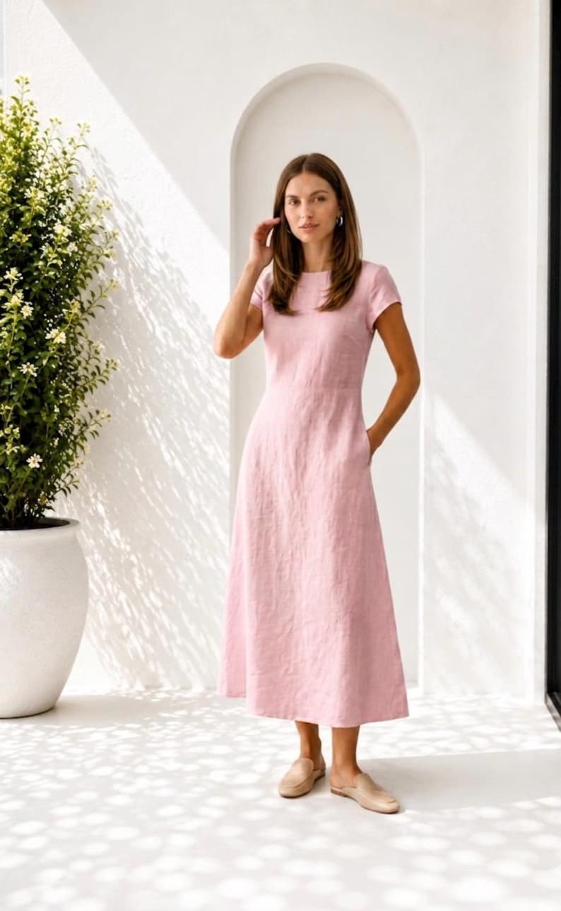 May include: A light pink midi-length dress with short sleeves, a round neckline, and a fitted waistline. The dress features a simple, solid-colored design with a straight skirt that falls below the knees, paired with neutral-toned slip-on shoes.