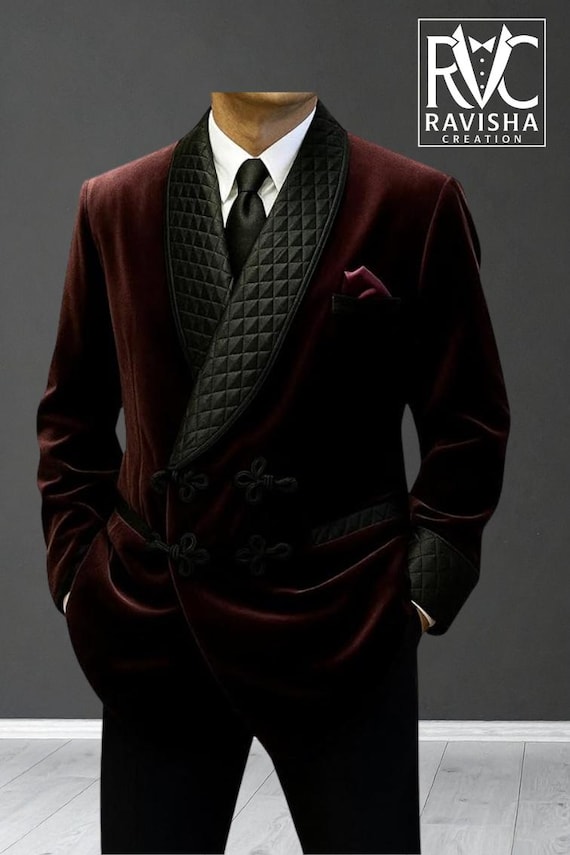 Designer Mens Double Breasted Smoking Jacket Maroon Velvet Smoking Coats Party Wear Coat Blazers  Evening Dinner Party Wear Coat Blazers