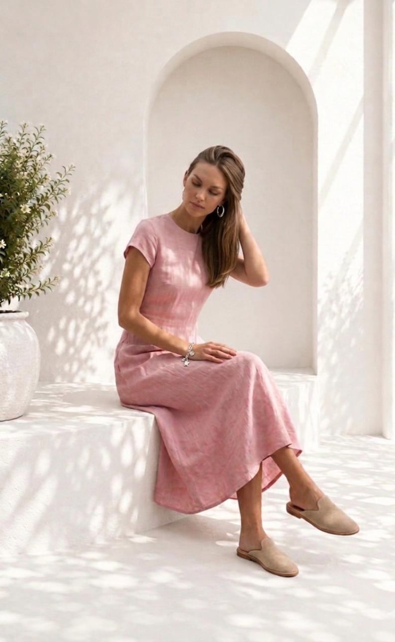 Baby Pink Cotton Linen Midi Dress Cap Sleeve Minimal ,Summer Wear Dress Modest Midi Dress,A Line Dress Structured image 1