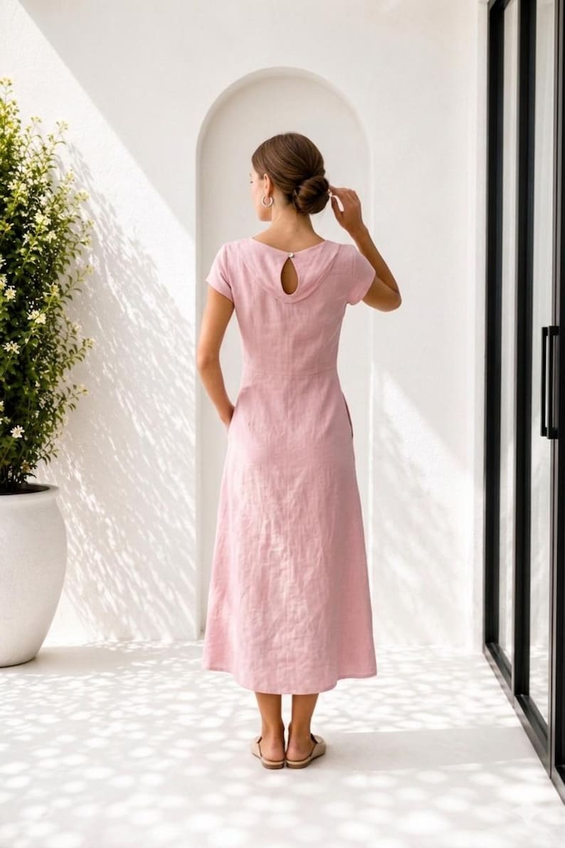 May include: A light pink midi-length dress with short sleeves, a round neckline, and a teardrop-shaped cutout detail at the upper back featuring a single button closure. The garment has a fitted bodice and a flared skirt with side pockets.