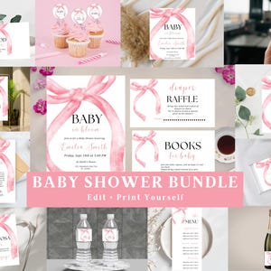 May include: A digital baby shower stationery bundle featuring a watercolor pink ribbon motif. The set includes invitations, signs, and labels with black serif text. Items include a diaper raffle card, books for baby insert, menu, and water bottle labels.