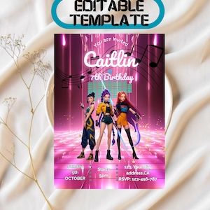 KPOP Demon Hunters Birthday Invitation, Kpop Anime Invite, Huntrix Invitation, Editable Canva Template, Printable Birthday Card for Girls