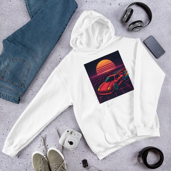 Synthwave Racing Car Hoodie – 80s Vaporwave Neon Sunset Pullover
