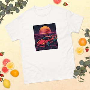 Retro Racing Car T-Shirt – 80s Synthwave Neon Grid Tee – Vaporwave Sunset Aesthetic