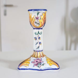 Vintage Carvalhinho Portuguese Hand-Painted Faience Candlestick