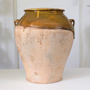 Antike Spanische Terrakotta Confit-Kanne mit Braun-Senf-Glasur