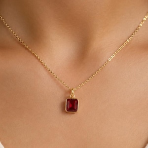 Emerald Cut Ruby Red Pendant | 18K Gold Plated Bezel Set Charm, July Birthstone Necklace