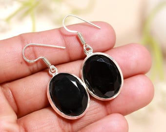 Boucles d'oreilles ovales en argent sterling onyx noir faites main, bijoux délicats en pierres précieuses