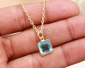 Pendentif coussin fait main avec topazes bleu ciel en or 14 carats, bijoux solitaires uniques