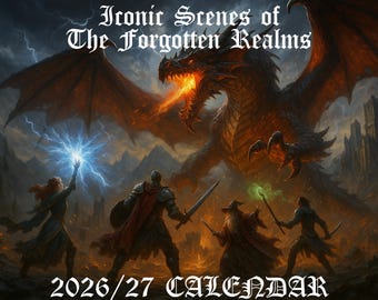 Väggkalender med ikoniska scener från Forgotten Realms, 12 månader i rullning | D&D originalkonst 2026/27