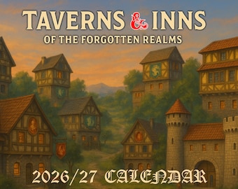 Värdshus och värdshus i de glömda världarna - Väggkalender 2026/27 i rullning | Fantasy DND Illustrationskalender