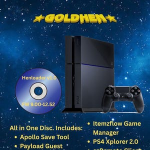 Könnte beinhalten: Eine schwarze PS4-Konsole, ein Controller und eine blaue Disc mit dem Text "Henloader v1.0" und "FW 9.00-12.52". Das Bild enthält auch eine Liste von Funktionen wie "Apollo Save Tool" und "HB Store". Das Wort "GOLDHEN" ist gelb.
