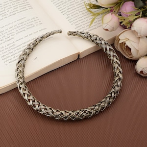 Braided Brass Torque Choker Necklace, Woven Tribal Boho Collar, Vintage Statement Adjustable Jewelry, Handmade Festival Gift for Her