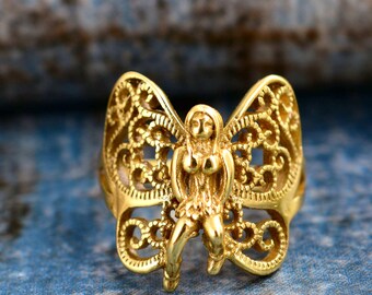Brass Fairy Angel Ring, Gothic Fantasy Statement Ring, Handmade Boho Mythical Jewelry, Adjustable Art Ring, Unique Gift