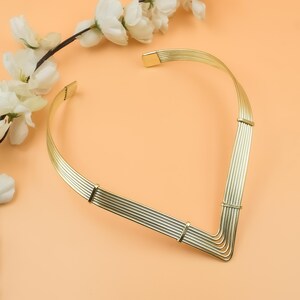 Handmade Geometric Brass Choker Necklace – Multi Wire V Shape Statement Collar, Adjustable Boho Tribal Neckpiece, Gift for Women