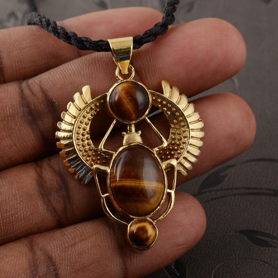 Egyptian Scarab Pendant Necklace with Tiger’s Eye, Handmade Brass Winged Beetle Jewelry, Spiritual Protection Amulet, Boho Gift for Him Her