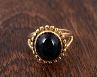 Black Onyx Brass Ring, Handmade Oval Cabochon Onyx Ring, Vintage-Inspired Boho Brass Jewelry, Statement Gemstone Ring for Women & Men