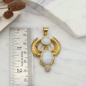 Handmade Moonstone Scarab Pendant – Egyptian Revival Amulet Necklace in Brass & Gemstone