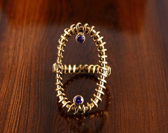 Spiral Coil Brass Statement Ring, Adjustable Boho Festival Jewelry, Gothic Vintage Long Ring with Blue Gemstones, Unique Gift for Her