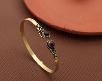 Bracelet manchette en laiton et pierres précieuses d'améthyste | ajustable fait main bohème | Bijoux ethniques vintage en pierre de guérison pour femme et homme