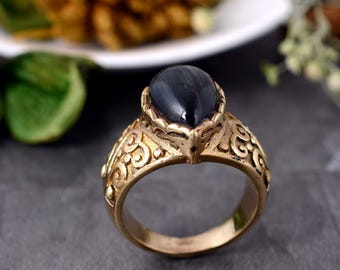 Black Onyx Brass Ring, Handmade Vintage Style Onyx Gemstone Ring, Boho Statement Brass Jewelry, Black Stone Ring for Men & Women