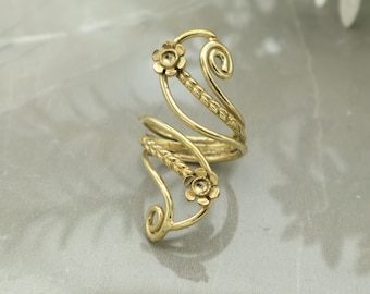 Brass Floral Spiral Ring, Adjustable Boho Flower Wrap Ring, Handmade Nature Inspired Statement Jewelry, Vintage Style Gift for Women