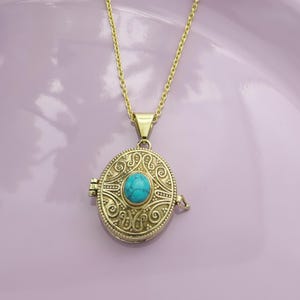Oval Brass Turquoise Locket Necklace, Vintage Boho Pendant, Handmade Ethnic Jewelry, Festival Statement Necklace, Unique Gift for Her