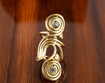 Handmade Brass Spiral Swirl Ring with Dual Gemstones | Adjustable Boho Statement Jewelry | Artistic Festival Brass Ring Gift for Her