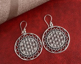Silver Flower of Life Earrings – Sacred Geometry Mandala Dangle Earrings, Boho Festival Jewelry, Yoga Spiritual Gift, Handmade Statement