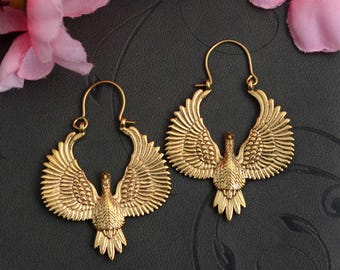 Brass Phoenix Bird Earrings, Boho Tribal Winged Dangle Jewelry, Handmade Festival Statement Earrings, Nature Inspired Gift for Women