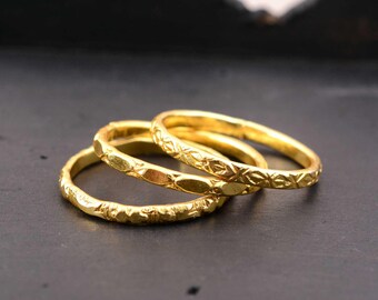 Engraved Brass Stacking Rings Set of 3, Handmade Textured Brass Bands, Vintage Boho Jewelry for Women, Minimalist Adjustable Rings