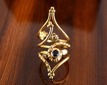 Black Stone Brass Statement Ring, Adjustable Long Boho Jewelry, Vintage Gothic Festival Ring, Handmade Ethnic Band, Unique Gift for Her