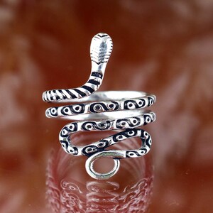 Può includere: Un anello a forma di serpente color argento con un design a spirale. La testa del serpente è sollevata e il corpo si avvolge attorno al dito. L'anello presenta dettagli in bianco e nero lungo il corpo, creando un contrasto sorprendente. È un gioiello unico.