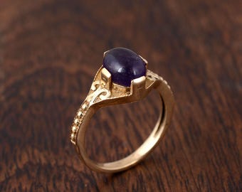 Handmade Brass Ring with Amethyst Gemstone | Boho Statement Jewelry | Vintage Inspired Oval Stone Ring | Unique Gift for Her
