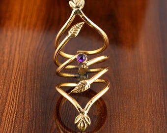 Handmade Brass Leaf Spiral Ring with Amethyst Gemstone | Adjustable Boho Statement Ring | Unique Nature Inspired Jewelry Gift