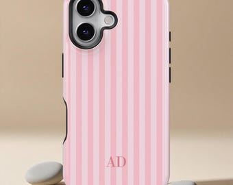 Personalized Pink Phone Case Custom Monogram iPhone Case Aesthetic Pink Striped Phone Case, iPhone 17 16 15 14 13 12 11 Pro Max, Samsung S26