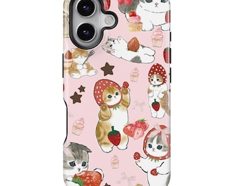 Strawberry Cat Case Cute Kawaii Berry Kitten Cover for iPhone 17 16 15 14 13 12 Pro Max, Sweet Cat Dessert Case for Samsung Galaxy S25 S24