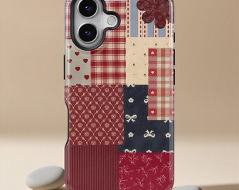 Patchwork Plaid Heart Phone Case, Cottagecore Vintage Quilt Cover, Book Lover Gift, iPhone 17 16 15 14 13 12 Pro Max, Samsung Galaxy S26 S25