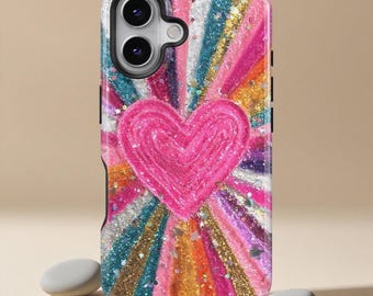 Glitter Heart Phone Case, Rainbow Sparkle Cover for iPhone 17 16 15 14 13 12 11 Pro Max & Samsung S25 S24 S23 S22, Y2K Retro Aesthetic Case