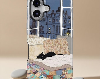 Gezellige kat illustratie telefoonhoesje, raam nachtscène hoesje, schattige slapende zwarte kat hoes voor iPhone 17 16 15 14 13 Pro Max, Samsung S25 S24