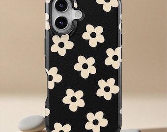 Funda retro floral en blanco y negro para iPhone 17, 16, 15, 14, 13, 12, 11 Pro Max, XS, Samsung S25, S24, S23, S22 y S21. Regalo ideal para niñas.