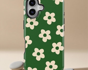 Groen en wit bloemen retro telefoonhoesje, telefoonhoesje voor iPhone 17 16 15 14 13 12 Pro Max, Samsung S25 S24 S23, girly telefoonhoesje unieke geschenken