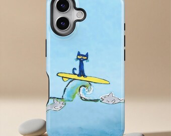 Cute Pete Surfing Cat telefoonhoesje, strand oceaan cartoon kat hoes voor iPhone 17 16 15 14 13 12 11+ MagSafe, Samsung S26 S25 Ultra nieuwigheid cadeau