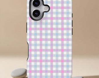 Pastel Plaid Phone Case, Pink Blue Gingham Cover for iPhone 17 16 15 14 13 12 11 Pro Max & Samsung S26 S24 S23, Cottagecore Aesthetic Case