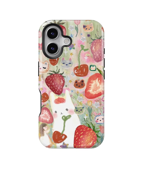 Cute Strawberry Animal Phone Case for iPhone 17 16 15 14 13 12 Pro Max, Kawaii Hand Drawn Fruit Bunny Cover for Samsung Galaxy S25 S24 Ultra