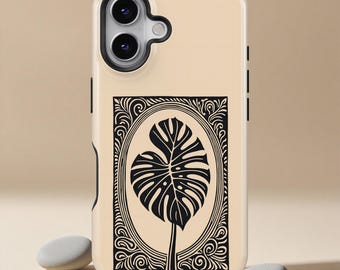 Monstera Leaf Phone Case for iPhone 17 16 15 14 13 12 Pro Max Mini, Black And Beige Monstera Protective Cover for Samsung Galaxy S23 S24 S26