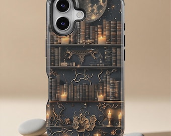 Gothic boekenplank telefoonhoesje, Dark Academia Book telefoonhoesje, iPhone 17 16 15 14 13 12 11 Pro Max XS, Samsung Galaxy S25 S24 S23 S22 Ultra