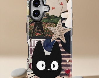 Black Cat Phone Case - Aesthetic Japan Kitty Art Cover for iPhone 17 16 15 14 13 12 11 Pro Mini Max, Samsung S25 S24 S23 S22 S21 S20 Ultra