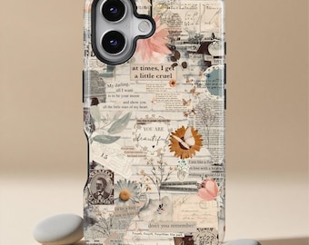 Vintage collage telefoonhoesje citaat voor iPhone 17 16 15 14 13 12 11 Pro Max, Samsung Galaxy S25 S24 S23 S22 S21 Ultra