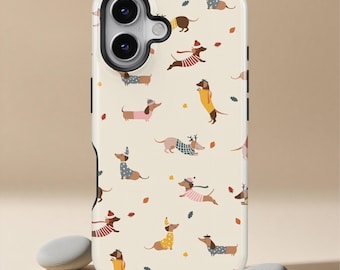 Schattige teckel voor iPhone 17 16 15 14 13 12 Pro Max, worsthond patroon cover, herfst gezellig esthetisch cadeau, hondenliefhebber Samsung S26 S24 S23